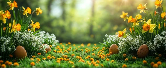 Poster décor de Pâques au format panoramique, gazon, fleurs et œufs © Fox_Dsign