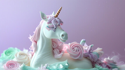 An ultra-HD image showcasing a whimsical unicorn birthday cake with pastel-colored fondant and shimmering edible glitter, set against a solid background in shades of lavender and mint.