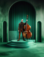 Male musician with glasses, in suit standing with double bass on green luxurious stage. Aesthetic...