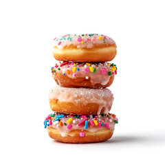 Sprinkled donuts stacked together side view isolated on white background