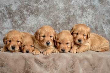 Five super fluffy golden retriever puppies cozily snuggled together, showcasing pure joy and cuteness on a plain background.