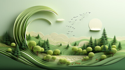greeting card, green abstract landscape in the style of paper sculpture. - 746406203