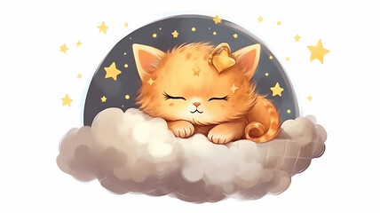 cute kitten sleeping on a cloud isolated on a white background watercolor drawing. - 746406254