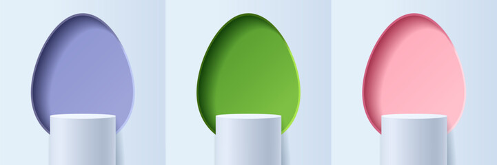 Set of colors violet, green, and pink for displaying products on Easter background concept