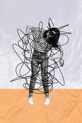 Vertical collage picture of black white colors brainwashed zombie girl painted mess isolated on...