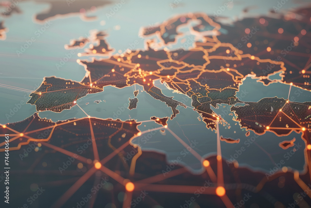 Poster global communication and international connections. world map with connected lines and dots