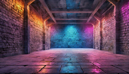 A colorful, illuminated corridor with stone walls and concrete floor, neon light