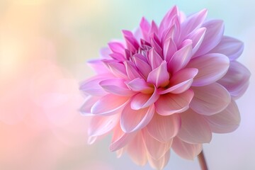 Close-up of a pink dahlia, its delicate petals shimmering under a gentle morning light, against a smoothly blurred pastel backdrop.