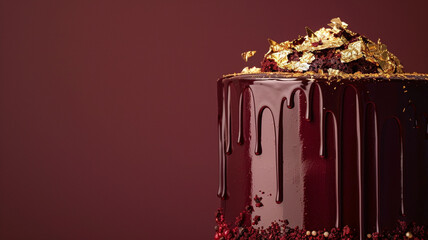 An ultra-high-definition image showcasing a modern drip cake design with cascading layers of rich chocolate ganache and edible gold leaf accents, set against a solid background in deep burgundy.