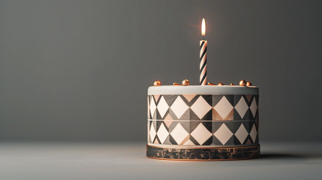 An ultra-high-definition image showcasing a modern birthday cake with a sleek fondant finish, adorned with minimalist geometric patterns and metallic accents.