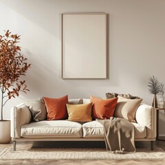 Modern Nordic Living Room Interior with Beige Sofa and Empty Poster Frame