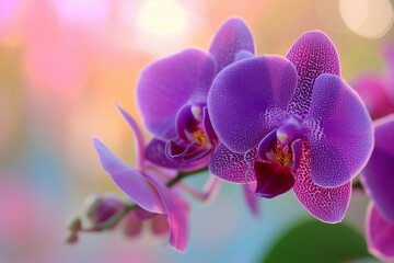 Close-up of a vibrant purple orchid, its intricate petals shimmering under a gentle midday sun, set against a smoothly blurred pastel backdrop.