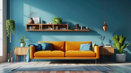 Scandinavian Chic: Vibrant Orange Sofa in Modern Living Room with Stylish Wooden Cabinet and Shelves