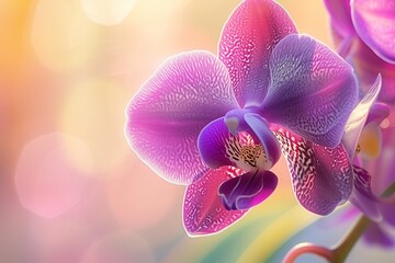 Close-up of a vibrant purple orchid, its intricate petals shimmering under a gentle midday sun, set...