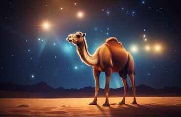 Camel at night in desert with stars