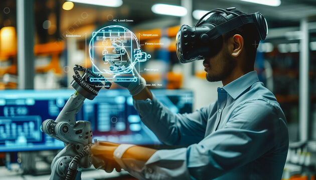 Computer Science Engineer in Virtual Reality Headset Using Controllers and Operating Robot Arm Under his Control.