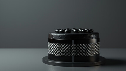 An ultra-high-definition image showcasing a modern birthday cake with a sleek black fondant finish, adorned with metallic accents and geometric patterns.