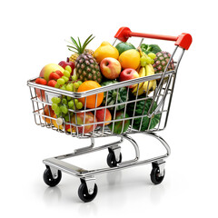 Shopping cart full of fruits and vegetables isolated on white background