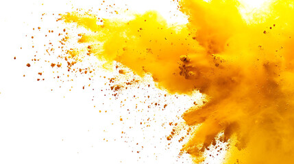 bright yellow holi paint color powder festival explosion isolated on white background.