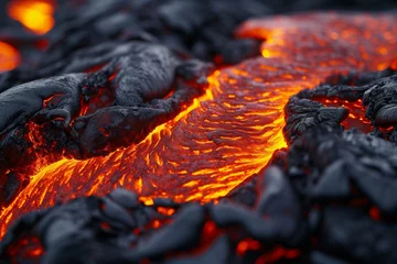 Gordijnen Close-up of lava texture with glowing molten rock, showcasing intricate patterns of orange and red, resembling a fiery landscape. © SardarMuhammad