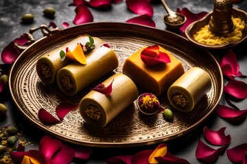 a trio of kulfi flavors, including coconut, pistachio, and mango, served on a traditional Indian brass platter with rose petals