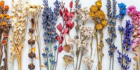 different type of dried flowers on white background 