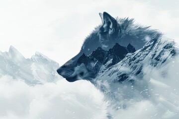 A wolf blended with the silhouette of a snowy mountain peak in a double exposure