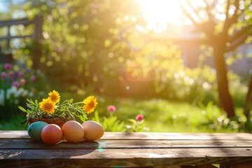 Easter setting: Vibrant eggs and fresh flowers adorn a rustic table, with a blurred garden scene behind. Generated AI
