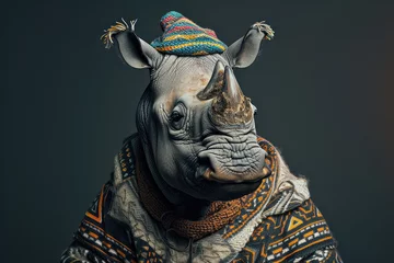 Poster Stylish rhino in geometric pattern outfit with festive hat on dark studio background © boxstock production