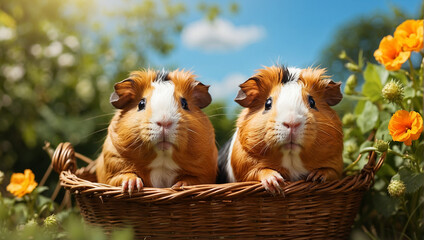 guinea pigs in a basket - obrazy, fototapety, plakaty