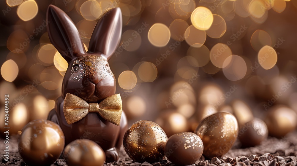 Wall mural a chocolate Easter bunny with a golden bow around its neck. Scattered around the main chocolate bunny 