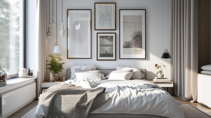 Modern Minimalist Bedroom Interior with Double Bed and Framed Pictures