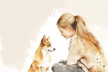 watercolor painting of caucasian woman with corgi dog, copy space, blue pastel color