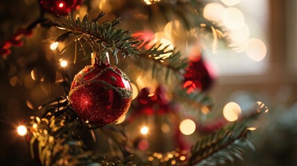 Obraz na płótnie Canvas Shimmering Red Christmas Ornament Amidst Festive Decorations