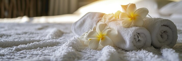 Luxurious Hospitality: Fresh White Towel in Hotel Room with Floral Decor