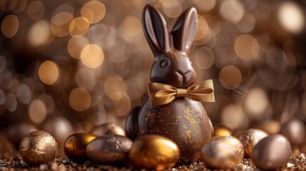 Fototapeta na wymiar a chocolate Easter bunny with a golden bow around its neck. Scattered around the main chocolate bunny 