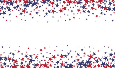 Colors of USA flag background, blue and red stars falling. Red and blue stars falling on white background, poster with American color symbols, shooting stars confetti.