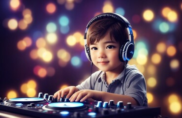 Dj kid wearing headphone and mixing