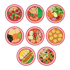 Set of vegan food top view set collection, Set of colorful tasty healthy meatless dishes, cooked food from vegetarian cuisine, Cartoon food on plate, chefs restaurant menu, vector illustration,