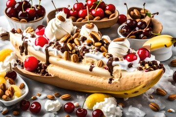 Obraz na płótnie Canvas banana split ice cream boat with multiple flavors, topped with whipped cream, nuts, and cherries, creating a visually delightful and shareable summer dessert
