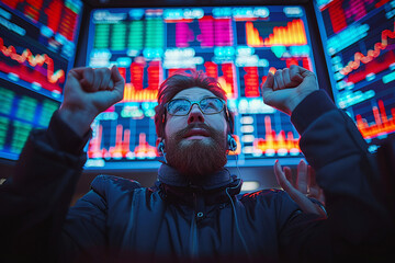 closeup of people cheering for the stock prices and chart showing inclining on big glass screens, at the stock market office - obrazy, fototapety, plakaty