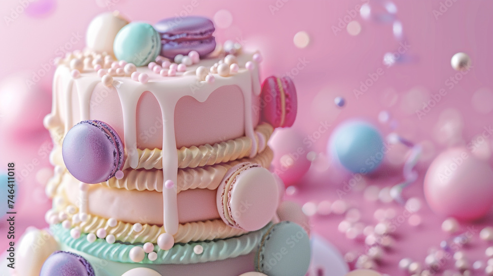 Poster a detailed uhd capture of a birthday cake designed to resemble a stack of colorful macarons, adorned
