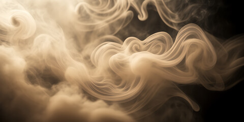 Close-up image of intricate patterns formed by billowing smoke against a backdrop of soft, diffused...