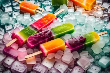 a trio of sorbet popsicles in vibrant colors, displayed on a bed of crushed ice, creating a visually refreshing and fruity summer treat