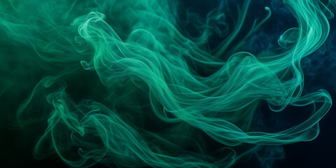 Image showcasing the mesmerizing dance of emerald green smoke tendrils against a canvas of deep navy blue. - obrazy, fototapety, plakaty