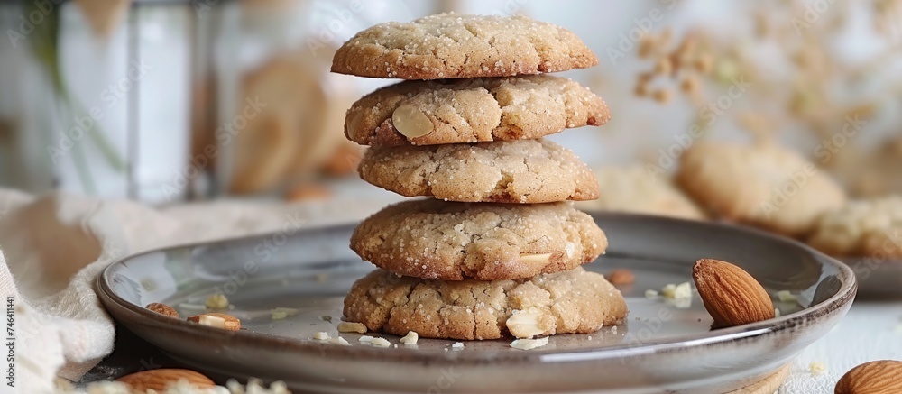 Poster A stack of delicious homemade almond cookies is neatly placed on top of a sturdy metal plate.