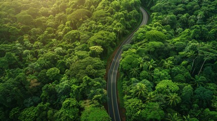 Aerial view green forest and asphalt road, Top view forest road going through the forest with car adventure, Ecosystem ecology healthy environment road trip travel.
