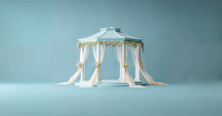 kiosque décoré pour un mariage avec drapé et fleurs blanche, fond uni turquoise
