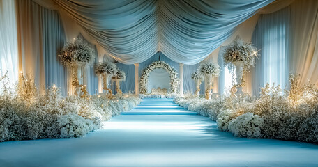 salle de mariage ou de réception vide avec drapés blancs et guirlandes lumineuses