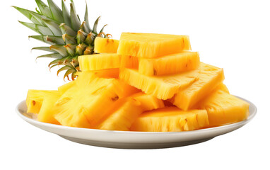 Sliced Pineapple on White Plate. A white plate is presented with neatly arranged slices of fresh pineapple, showcasing the vibrant yellow fruit. on a White or Clear Surface PNG Transparent Background.